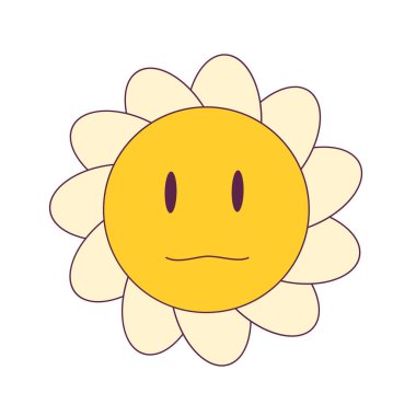 Smiley flower face y2k inspired icon. Retro funny daisy smile sticker. Trippy vintage yellow face in petals. Funky camomile flower emoji. Vector illustration.