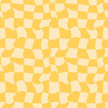 Groovy distorted positive chessboard seamless pattern. Trippy twisted grid background. Yellow monochrome textile fabric design. 1970 vintage vibe. Vector illustration
