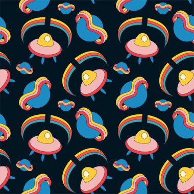 1970 model, mükemmel kozmos kusursuz desen. Satürn gezegen UFO uzay gemisi ve gökkuşağına sahip antika bir arka plan. Pozitif retro hippi ters titreşimleri. Kumaş tekstili için. Vektör illüstrasyonu.