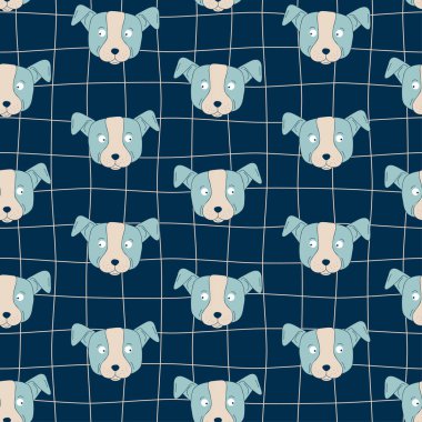 Şirin köpekler ince bir hat üzerinde ağızlık takarlar. Komik yavru köpek suratlı, pürüzsüz desen. Köpek kafaları. Komik çocuklar için vektör illüstrasyonuName.