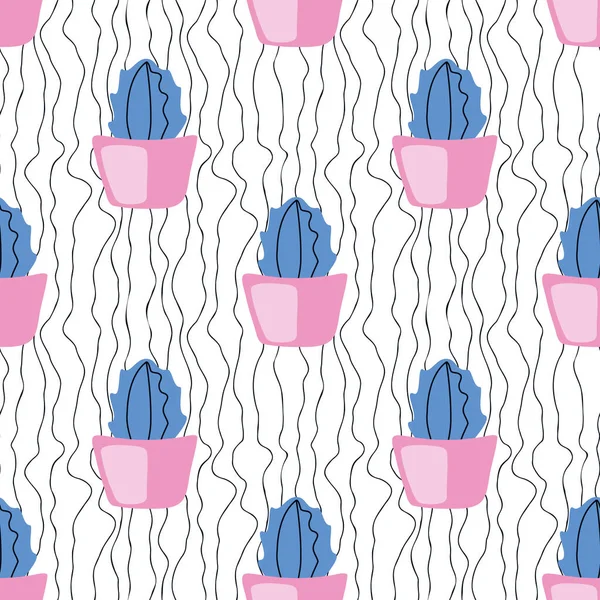 Mignons Cactus Bleus Dans Des Pots Roses Sur Fond Lignes — Image vectorielle