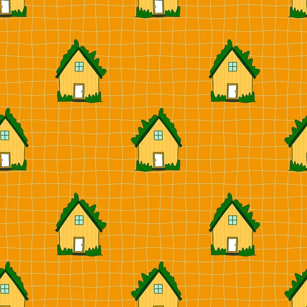伊兰迪亚可爱的乡村风格的房子简单无缝的模式 明亮的绿色黄色的北方房子 网状背景上有草皮屋顶 舒适的小房子里印着幼稚的丑闻 矢量说明 — 图库矢量图片