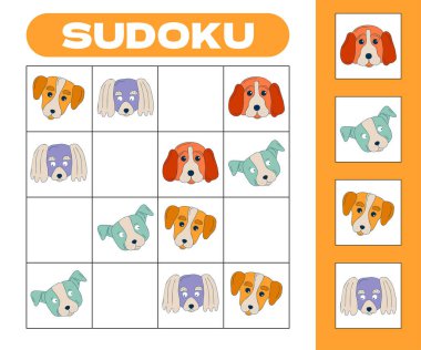 Çocuklar sudoku 4x4 bilmece oyunu ve şirin köpek ağızlıkları. Köpek yavrusu masa üstü bulmacası. Oyun tahtası mantık bulmacası. Çizgi filmlerdeki evcil hayvanlar eğitici rebus. Vektör illüstrasyonu.