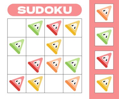 Dilimlenmiş renkli elmalı çocuklar için Sudoku 4x4 oyunu. Meyveli çocuk faaliyet listesi. Çocuk bulmacaları, mantıklı bilmeceler, çocuk dergileri için eğitici çözümler. Vektör illüstrasyonu.