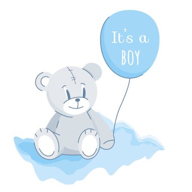 Bebek partisi, üzerinde oyuncak ayı olan bir erkek kartı. Bulutların üzerinde duran balonlu sevimli oyuncak ayıcık. Mavi tonlar. Doğum günü partisi için kompozisyon, kartpostal, kapak, vektör illüstrasyonu.