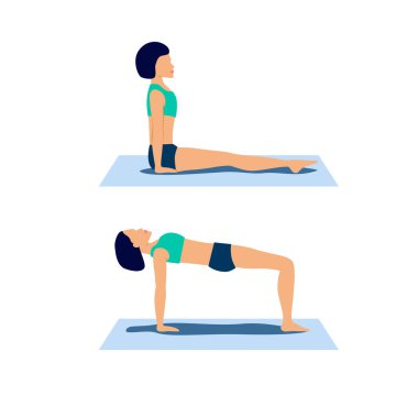 Ardha purvottanasana or reverse tabletop yoga pose. Crab pose for respiratory and endocrine systems stimulation. Woman workout educational scheme for physiotherapist, brochure, app, web. Vector clipart