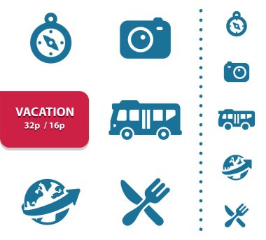 Tatil, Seyahat, Turizm Simgeleri. Vektör Simgesi Ayarlandı