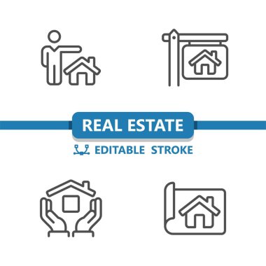 Emlak Simgeleri. Ev, Ev, Satılık Tabela, Emlakçı, Eller, Taslak Simgesi