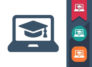 Laptop Simgesi. Bilgisayar, Online, Eğitim, Ders, Kurslar, Mortarboard, Mezuniyet Kaptanı. Profesyonel, piksel mükemmel vektör simgesi.