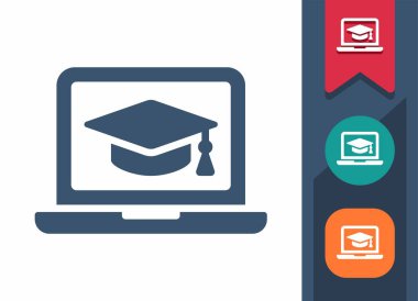 Laptop Simgesi. Bilgisayar, Çevrimiçi, Eğitim, Ders, Kurslar, Mortarboard, Mezuniyet Kaptanı