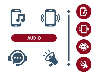 Ses simgeleri. Ses, cep telefonu, akıllı telefon, müzik notası, zil sesi, podcast, megafon simgesi