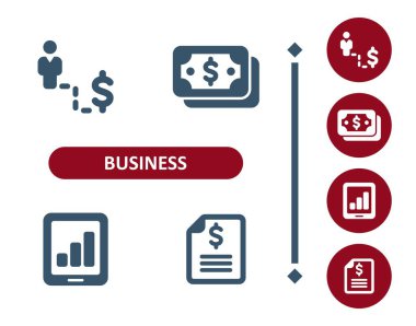 İş ikonları. Yatırım, yatırım, iş adamı, dolar, iş, kariyer, para, tablet, sözleşme, vergi formu simgesi