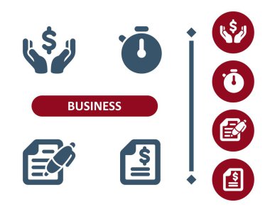 İş ikonları. Yatırım, yatırım, eller, dolar, zamanlayıcı, kronometre, sözleşme, vergi formu simgesi