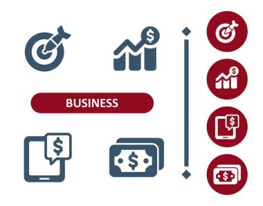 İş ikonları. Yatırım, yatırım, hedef, dart, grafik, tablo, tablet, para, dolar simgesi