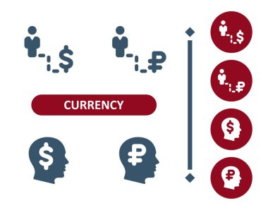 Para birimi simgeleri. Dolar, ruble, ruble, ruble, adam, iş adamı, yatırım, servet, iş, kariyer, kafa, düşünme ikonu