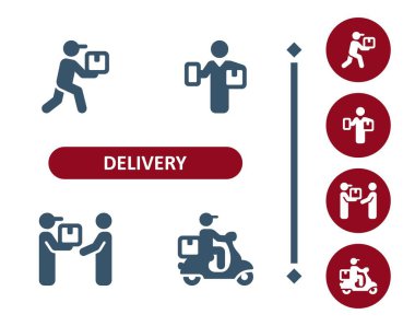 Teslimat simgeleri. Teslimatçı, kurye, teslimatçı, scooter, paket, paket, ikon teslim