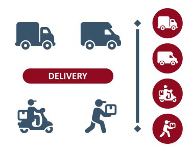 Teslimat simgeleri. Teslimatçı, kurye, dağıtım kamyonu, dağıtım aracı, scooter, kutu, paket, paket, ikon teslim