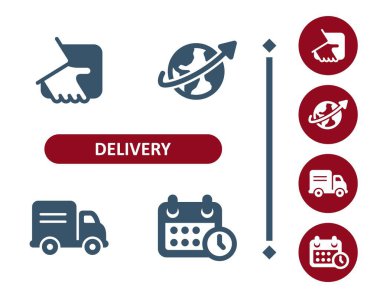 Teslimat simgeleri. Teslimatçı, kurye, el, kutu, paket, Dünya, dünya, dağıtım kamyonu, takvim, takvim, teslim tarihi simgesi