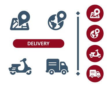 Teslimat simgeleri. Teslimatçı, kurye, harita, konum, hedef, scooter, teslimat kamyonu simgesi