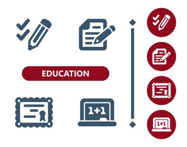Eğitim ikonları. Okul, kalem, sınav kağıdı, belge, yazı, diploma, diploma, sınıf simgesi
