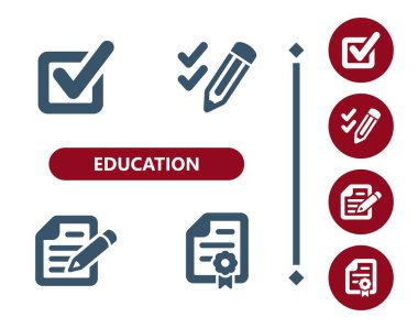 Eğitim ikonları. Okul, sınav kağıdı, kontrol işareti, işaret, tik kutusu, kalem, yazı, diploma simgesi