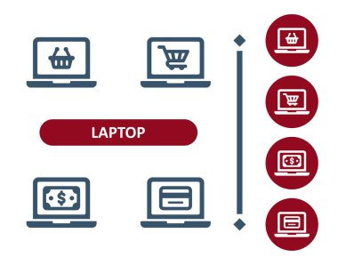 Dizüstü bilgisayar simgeleri. Bilgisayar, Çevrimiçi Alışveriş, E-ticaret, Alışveriş Sepeti, Araba, Para, Dolar, Kredi Kartı Simgesi