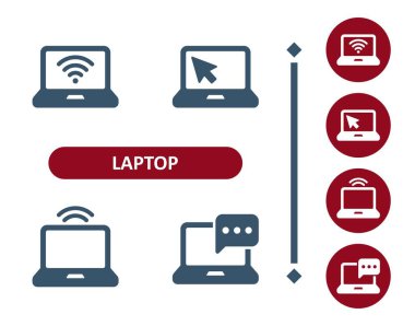 Dizüstü bilgisayar simgeleri. Bilgisayar, Kablosuz, İnternet, Wi-Fi, İmleç oku, Mesaj, Sohbet Baloncuğu Simgesi Simgesi
