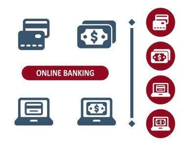 Çevrimiçi bankacılık simgeleri. İnternet bankacılığı, para, kredi kartı, nakit, dolar faturası, dizüstü bilgisayar simgesi