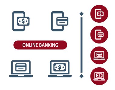 Çevrimiçi bankacılık simgeleri. İnternet bankacılığı, para, akıllı telefon, cep telefonu, dizüstü bilgisayar, kredi kartı, dolar fatura simgesi