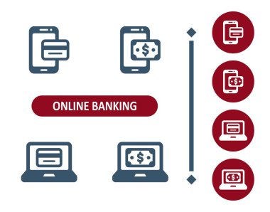 Çevrimiçi bankacılık simgeleri. İnternet bankacılığı, online alışveriş, e-ticaret, akıllı telefon, dizüstü bilgisayar, kredi kartı, dolar fatura simgesi