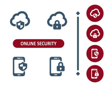 Çevrimiçi güvenlik simgeleri. İnternet güvenliği, virüs, antivirüs, bulut bilgisayarı, şifre, akıllı telefon, cep telefonu simgesi