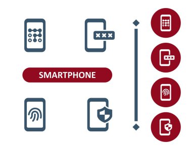 Smartphone Simgeleri. Cep Telefonu, Telefon, Güvenlik, Çevrimiçi, Antivirüs, Parola, PIN, Parmak izi Simgesi