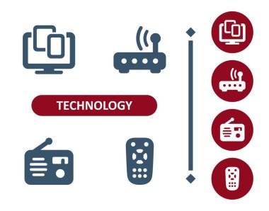 Teknoloji ikonları. Aygıt, TV, tablet, cep telefonu, yönlendirici, modem, radyo, uzak simge