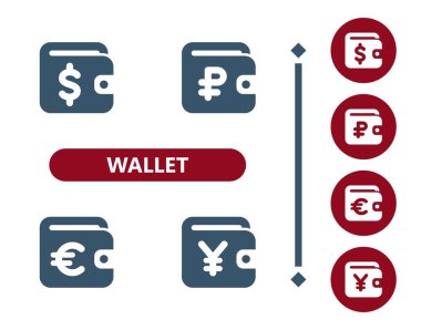 Cüzdan Simgeleri. Dolar, avro, ruble, ruble, yen, yuan simgesi