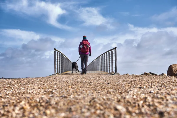 woman in hiking clothes walks across the bridge with a dog