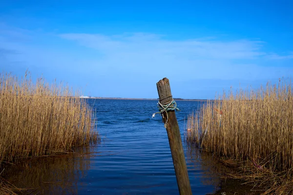 湖の真ん中を背景に海の水に浮かぶ美しい古い木製の桟橋 — ストック写真