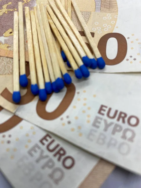 Close Matchsticks Euro Banknotes Selective Focus Foreground — Stock Photo, Image