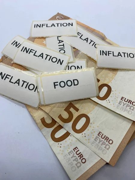 Euro Luk Banknotlarda Gıda Enflasyon Etiketleri Yakın Plan — Stok fotoğraf