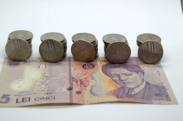 Romen Para Biriminin Lei Banknotu Ron Bani Sikke Yığını Yakın — Stok fotoğraf
