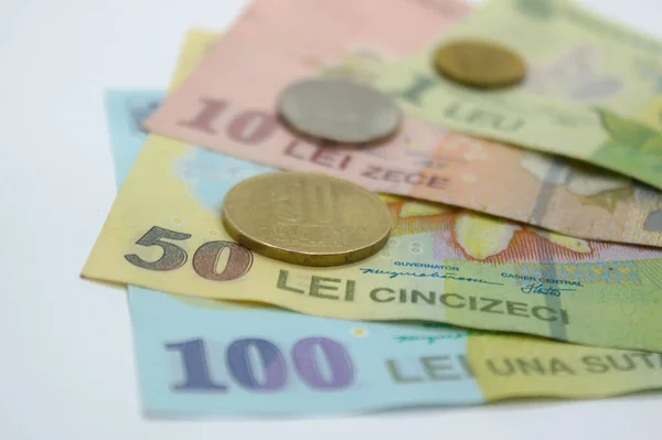 Romen Para Birimleri Banknotlarının Plana Seçici Bir Şekilde Odaklanmış Yakın — Stok fotoğraf