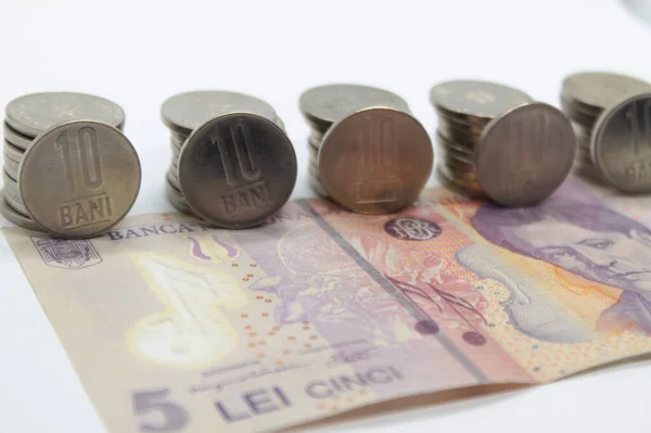Romanya Para Biriminin Lelik Banknota Bani Sikke Yığını Yakın Plan — Stok fotoğraf