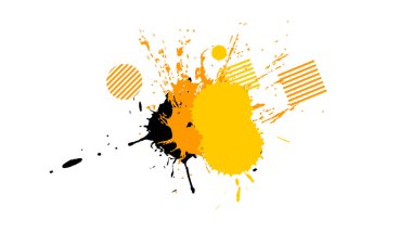 Sarı turuncu renk damlası, beyaz arkaplanda grunge stili grafikli mürekkep boyası sıçraması.