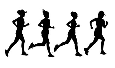 Siluet koşan kadın, koşan duruş, siyah şekiller. 