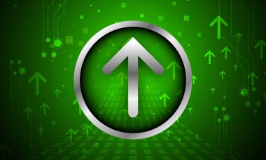 Soyut yüksek teknolojiye bağlı devre ağıyla yeşil çizgiler çember ok düğmesi