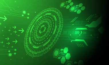 Çemberler yüksek teknolojili siber uzay ağ soyut arka planına sahip yeşil ok