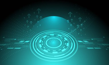 yeşil turkuaz daireler devresi siber uzay nokta çizgileri dalga eğrileri neon ışık ağı ile soyut yüksek teknoloji arka planı