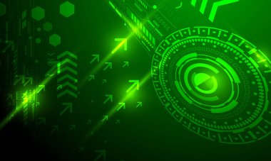 yeşil ok ve daire çizgileri siber uzay ağı ve neon ışığı soyut yüksek teknoloji arkaplanı