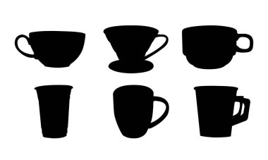 Bardak kahvesi içen siyah siluet beyaz arkaplanda grafik elementler