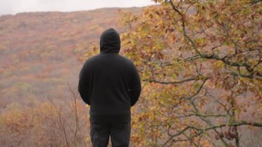 Kara Ceketli Tanınmaz Adam Dağ Zirvesi 'nde duruyor Sonbahar Yeşilleri Vadisi' ne bakıyor Arkansas İlham için Ağaçları