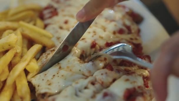 鶏の胸肉パルミジャーナは 溶かしたモッツァレラチーズとナポリソースとフランスのフライをトッピング — ストック動画